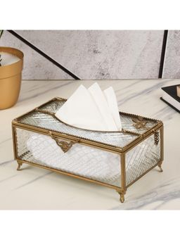 De Maison Decor - Gleaming Crackle Glass Tissue Box with Antique Brass