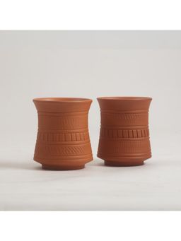Vanchai - Engraved Terracotta Glass for Drinking Water, Lassi - 225 Ml, Pack of 2