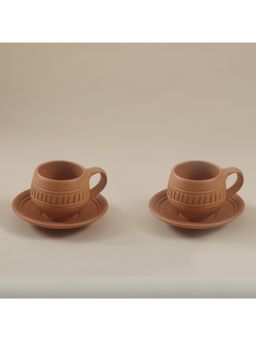 Vanchai - Terracotta Engraved Coffee/Tea Cup and Saucer Cup Plate Set of 2