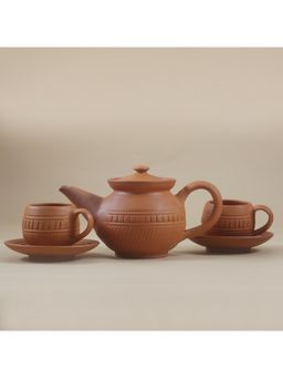 Vanchai - Terracotta Engraved Tea/Coffee Pot (500 Ml) with 4 Cup and Plate Set