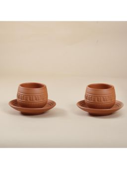 Vanchai - Terracotta Engraved Coffee/Tea Kulhads and Saucer Plate - Set of 2