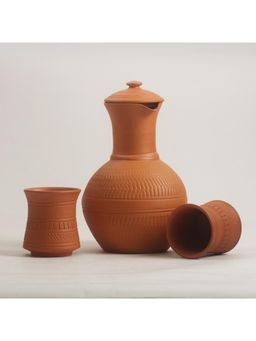 Vanchai - Terracotta Engraved Water Jug/Pitcher - 1000ML with set of 2 Glass