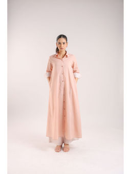 Amrood - Nude Cotton Collared A-Line Kurta with Striped Pant (Set of 2)