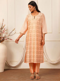 SMRITI GUPTA - Peach Chanderi Printed and Embroidered Kurta with Pant (Set of 2)