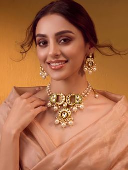 ADIVA - Gold-Plated Kundan Pearl Beaded Jewellery Set
