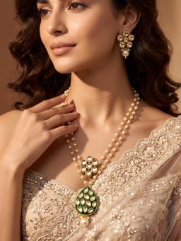 ADIVA - Gold-Plated Kundan Green Pearl Beaded Jewellery Set