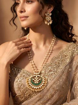 ADIVA - Gold-Plated Kundan Green Stone Pearl Beaded Jewellery Set