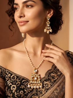 ADIVA - Gold-Plated Kundan White Pearl Beaded Jewellery Set