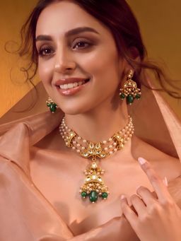 ADIVA - Gold-Plated Kundan Green Stone Pearl Layered Jewellery Set