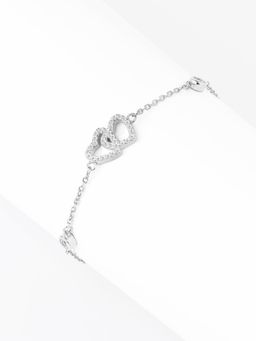 Nistra - 925 Sterling Silver Interlocked Hearts Bezel Cz Bracelet