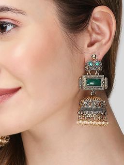 Fabula - Matte Gold Statement Look Green Jhumka Earrings