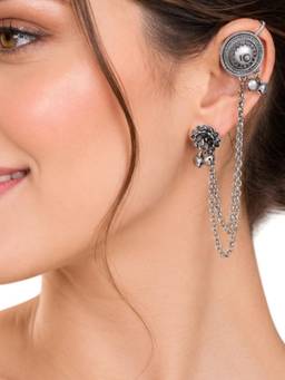 Fabula - Oxidised Silver Ethnic Ear Cuff Earrings with Chain