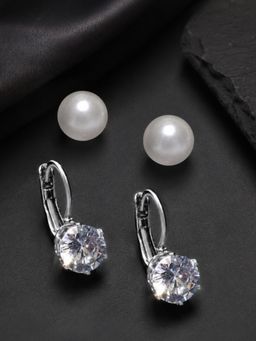 Fabula - White Pearl and Silver Round Cubic Zirconia Ear Stud and Drop Earrings (Pack Of 2)