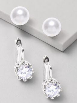 OOMPH - White Pearl and Silver Round Cubic Zirconia Ear Stud and Drop Earrings (Pack Of 2)