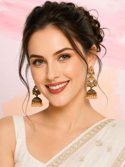 OOMPH - Green Meenakari Enamel Kundan Peacock Shape Jhumka Earrings