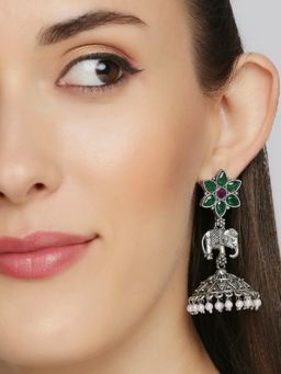OOMPH - Oxidised Green Elephant Design Ethnic Jhumka Earrings