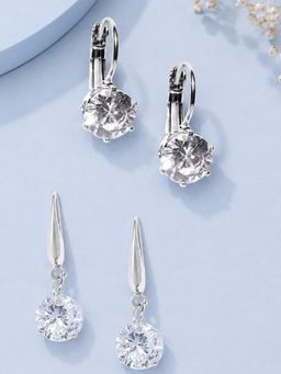 OOMPH - Silver Tone Delicate Round Cubic Zirconia Drop Earrings (Pack Of 2)