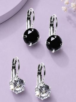 Fabula - Silver Tone Round Cubic Zirconia Black-White Drop Earrings (Pack Of 2)
