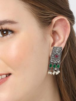 OOMPH - Oxidised Silver Ethnic Floral Design Drop Earrings