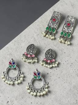 OOMPH - Oxidised Silver Ethnic Drop Earrings (Pack Of 3)