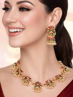Fabula - Pink Lotus Kempu Stones Jewellery Set