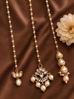 Fabula - Gold Tone Kundan and Pearl Floral Wedding Delicate Maangtikka (Pack Of 3)
