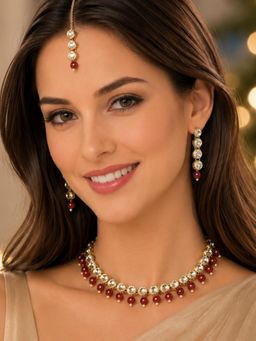 OOMPH - Maroon Beads and Kundan Delicate Ethnic Jewellery Set