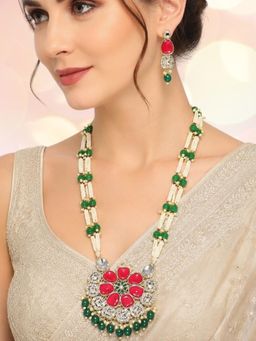 OOMPH - Green and Rani Pink Long Mala Jadau Jewellery Set