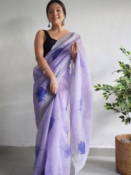 Odette - Purple Organza Printed Saree with Unstitched Blouse