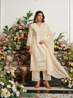 Gahan - V-Neck Cotton Kurta and Pant with Chiffly Top & Mal Dupatta