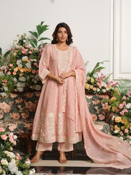 Gahan - Baby Pink Embroidered Mal Chanderi Kurta and Pant with Roman Silk Pants