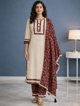Gahan - Cream and Maroon Pure Cotton Straight Kurta and Pant with Printed Dupatta