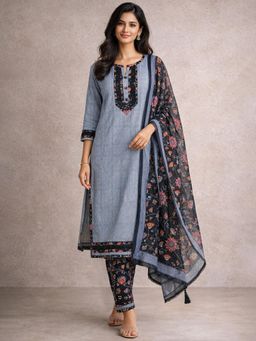 Gahan - Grey & Black Pure Cotton Straight Kurta and Pant with Printed Dupatta