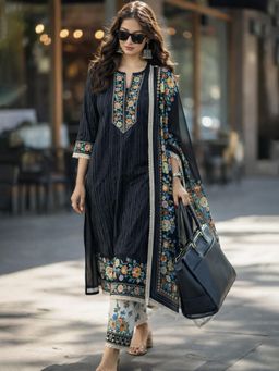 Gahan - Women Black Pure Cotton Woven Striped Kurta and Pant with Dupatta