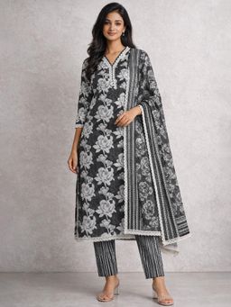 Gahan - Women Black & White Floral Printed Pure Cotton Kurta and Pant with Dupatta