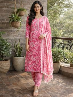 Gahan - Women Pink & White Floral Printed Pure Cotton Kurta and Pant with Dupatta