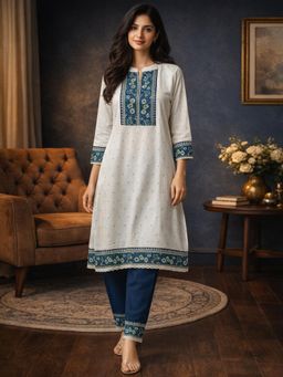 Gahan - White & Blue Pure Cotton Woven Kurta and Pant