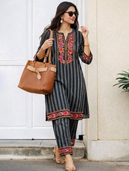 Gahan - Women Black Pure Cotton Striped Kurta Co-Ord Set with Floral Patchwork and Trousers