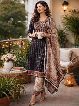 Gahan - Women Black Pure Cotton Woven Striped Kurta and Pant with Dupatta