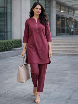 Gahan - Women Wine Solid Cotton Blend Loose Fit Co-Ord Set