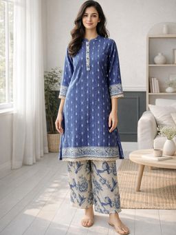 Gahan - Women Blue Pure Cotton Dobby Weave Kurta with Pant