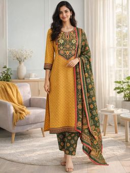 Gahan - Yellow & Green Pure Cotton Woven Kurta and Pant with Dupatta