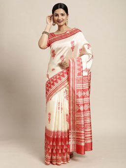 Akhilam - Women Silk Blend Off White Printed Designer Saree with Unstitched Blouse