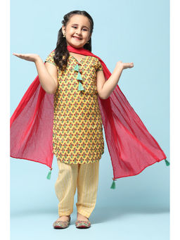 Biba - Mustard Cotton Straight Printed Salwar Suit (Set of 3)