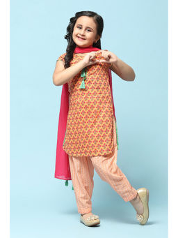 Biba - Orange Cotton Straight Printed Salwar Suit (Set of 3)