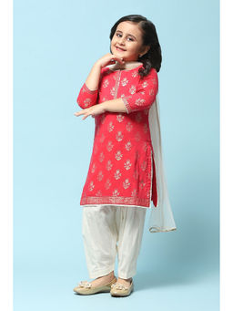 Biba - Red Cotton Straight Printed Salwar Suit (Set of 3)