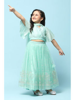 Biba - Mint Blue Poly Viscose Straight Embroidery Lehenga (Set of 3)