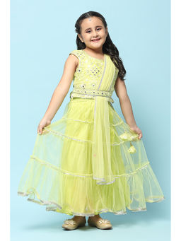 Biba - Green Nylon Straight Embroidery Lehenga (Set of 4)