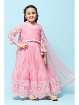 Biba - Pink Doby Straight Embroidery Lehenga (Set of 3)