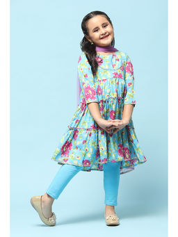 Biba - Turquoise Cotton Straight Floral Kurta (Set of 3)